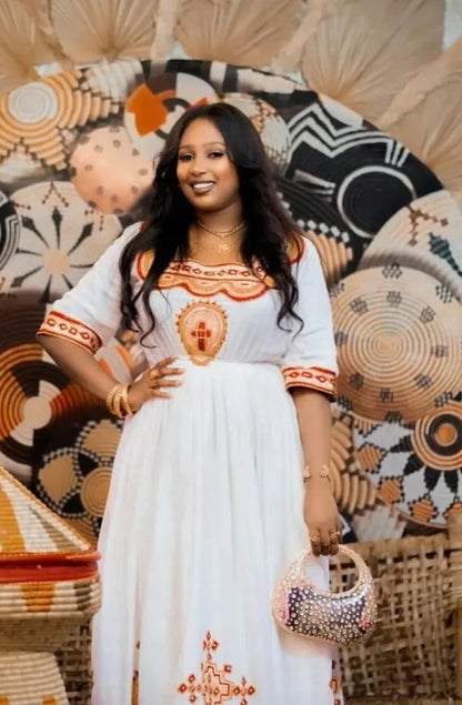 Traditional White Habesha Kemis with Red & Gold Trim - Classic Ethiopian Dress Bezawit