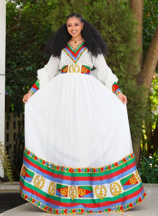 White Eritrean Dress with Flag Colors - Ertirean Modern Habesha Attire Bezawit