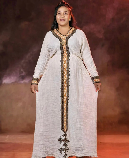 White Ethiopian Dress with Black & Gold Detail - Authentic Habesha Kemis Bezawit