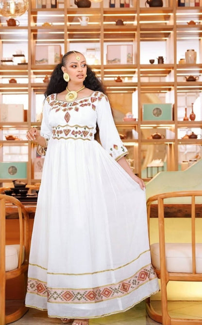 Exquisite White Ethiopian Cultural Dress with Gold & Multi-Color Details - Habesha Kemis Bezawit