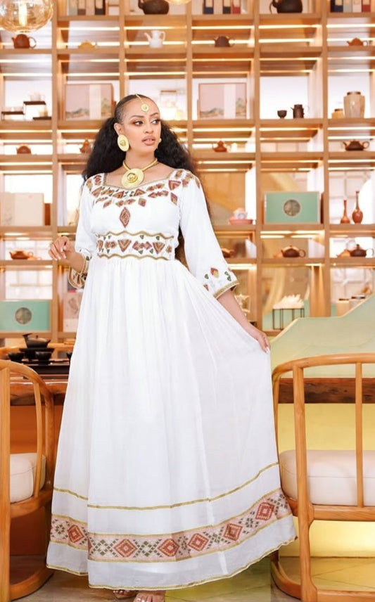 Exquisite White Ethiopian Cultural Dress with Gold & Multi-Color Details - Habesha Kemis Bezawit