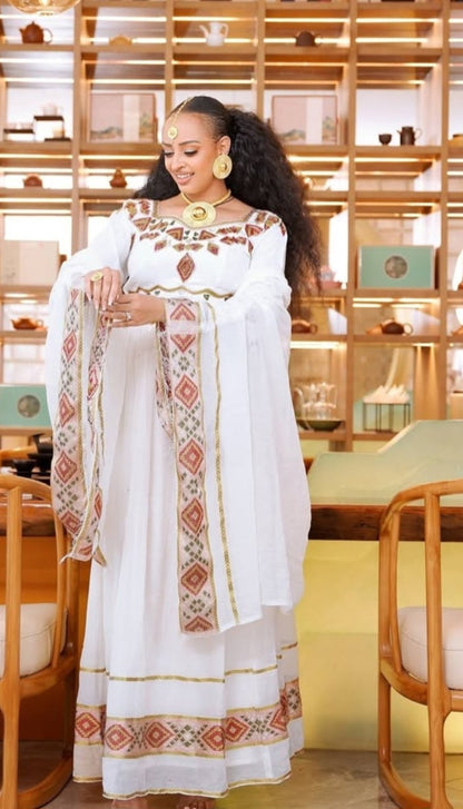 Exquisite White Ethiopian Cultural Dress with Gold & Multi-Color Details - Habesha Kemis Bezawit