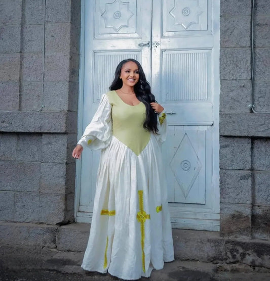 Distinctive White Habesha Dress with Golden Cross Motifs - Elegant Ethiopian Zuria Bezawit