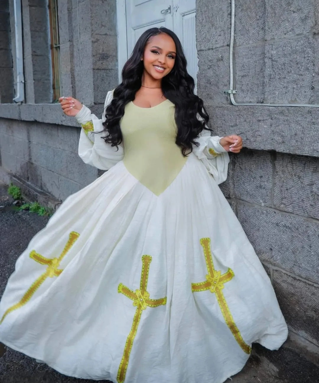 Distinctive White Habesha Dress with Golden Cross Motifs - Elegant Ethiopian Zuria Bezawit