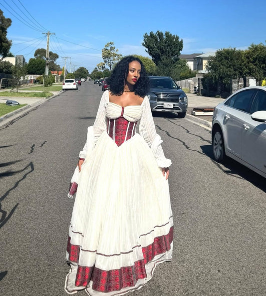 Red corset-style bodice Habesha Dress - Striking White & Red Ethiopian Zuria Bezawit