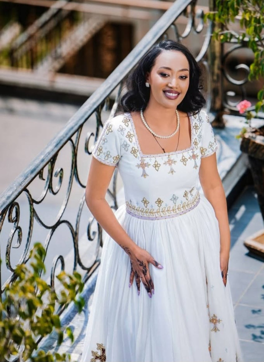 Elegant White Habesha Dress - Gold & Purple Embroidered Ethiopian Kemis Bezawit