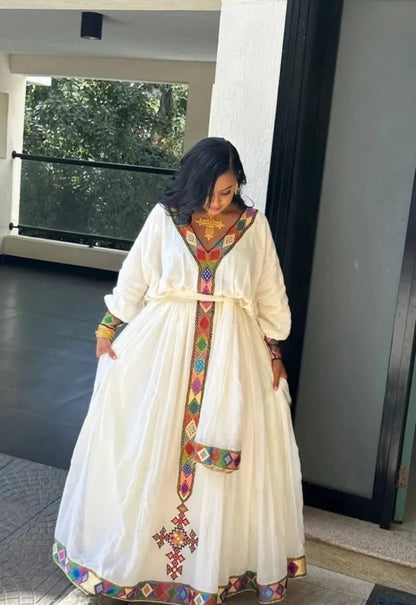 Ethiopian Zuria Embroidered colorful vertical stripe - Vibrant Habesha Dress Bezawit