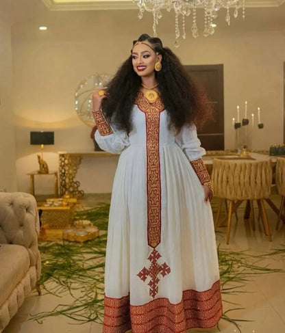 Traditional Habesha Kemis - broad red and gold embroidered stripe down the front Bezawit