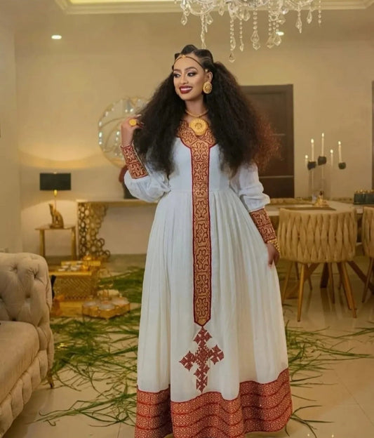 Traditional Habesha Kemis - broad red and gold embroidered stripe down the front Bezawit
