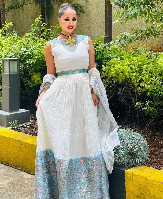 Elegant Habesha Dress - Sleeveless Ethiopian Zuria with Blue Tilet Bezawit