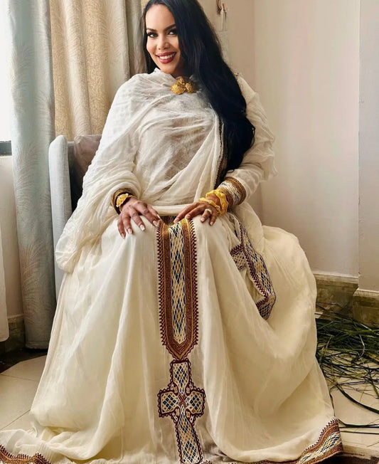 White Habesha Dress with Intricate Multi-Color Tibeb - Regal Ethiopian Kemis Bezawit