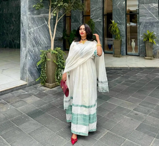 Classic Habesha Dress - Elegant White Ethiopian Zuria Dress with Green Details Bezawit