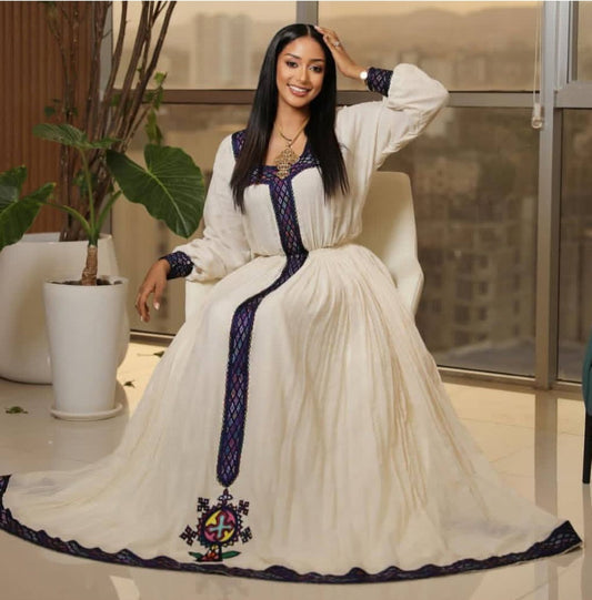 Vibrant White Habesha Zuria - Ethiopian Dress with Multi-Color Tilet Bezawit