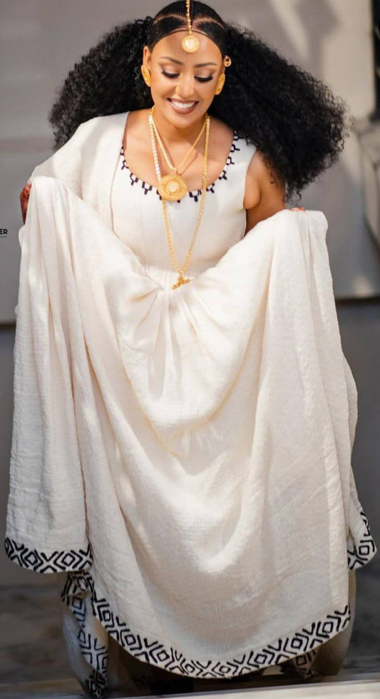 Elegant White Habesha Dress - Sleeveless Ethiopian Kemis with Black Trim Bezawit