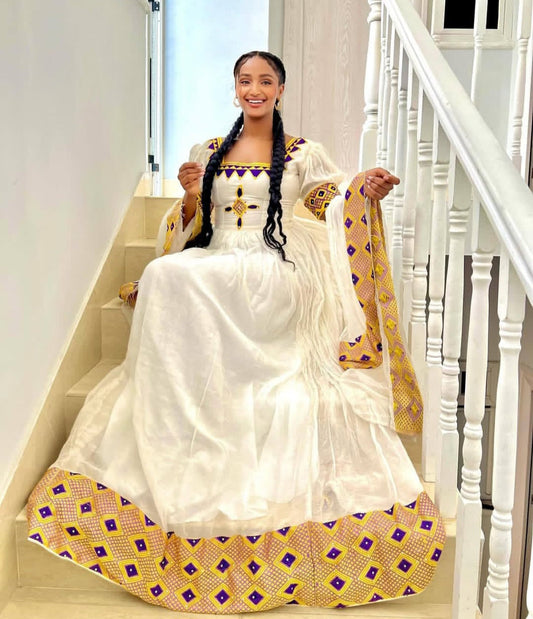 Vibrant Habesha Dress - White & Orange Ethiopian Zuria Bezawit