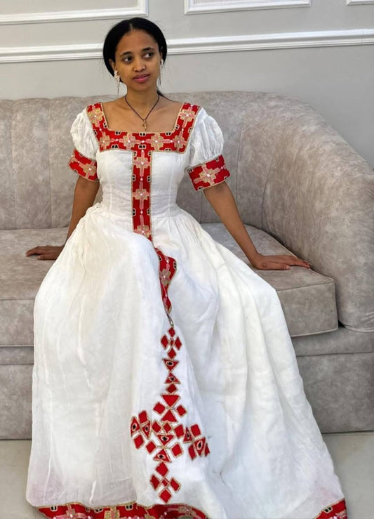 Simple Ethiopian Kemis with Bold Red & Gold Tibeb with cross motif Bezawit