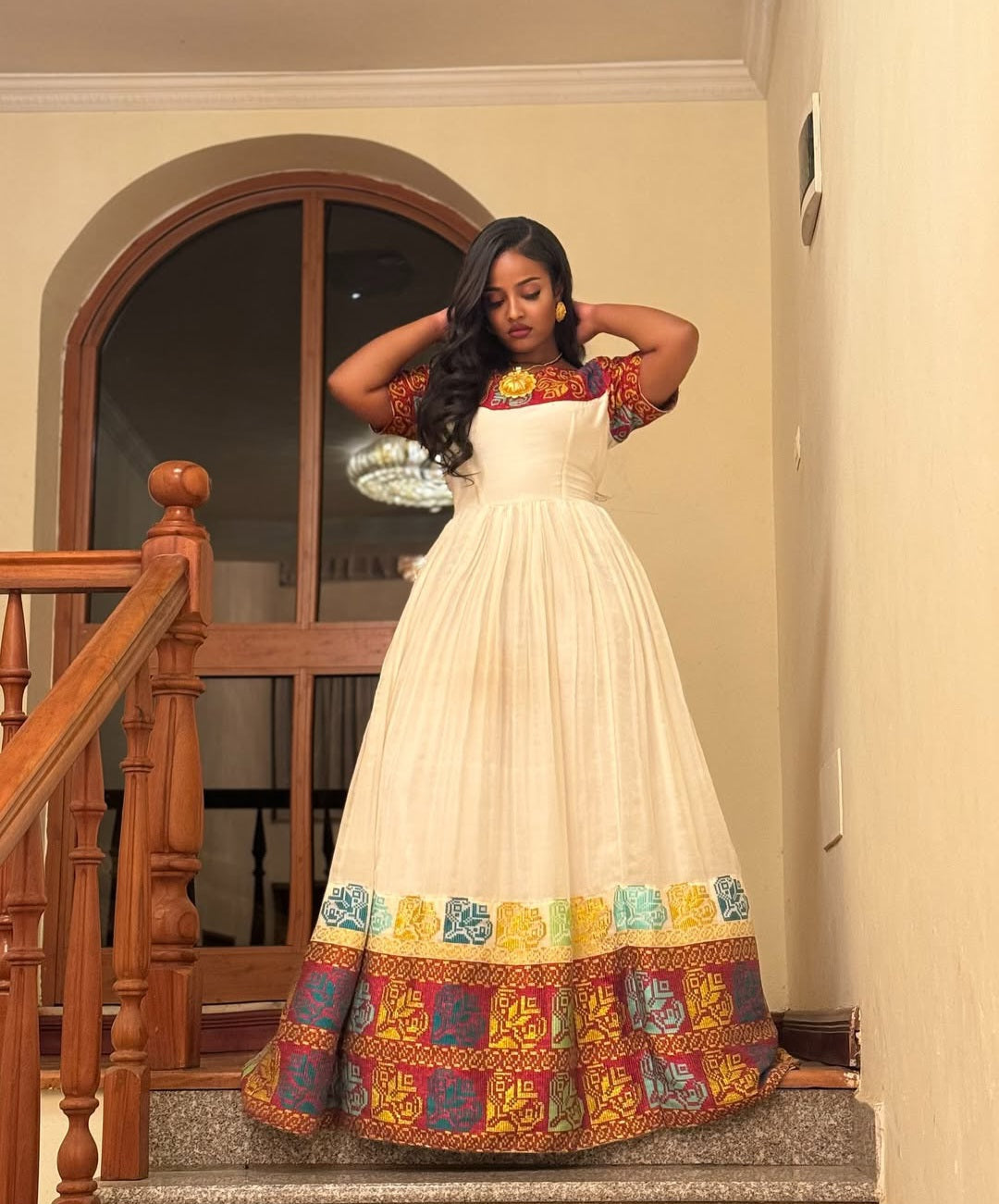 Ivory Habesha Dress with Royal Multi-Color Tibeb – Timeless Ethiopian Zuria Bezawit