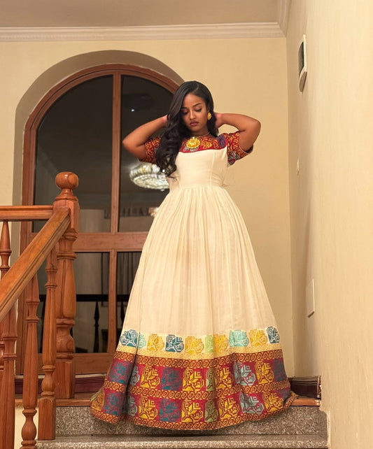 Ivory Habesha Dress with Royal Multi-Color Tibeb – Timeless Ethiopian Zuria Bezawit
