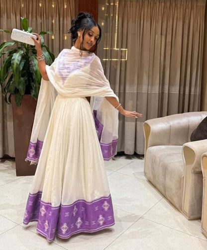 Pristine White Habesha Kemis with Purple & White Tibeb – Classic Ethiopian Kemis Bezawit