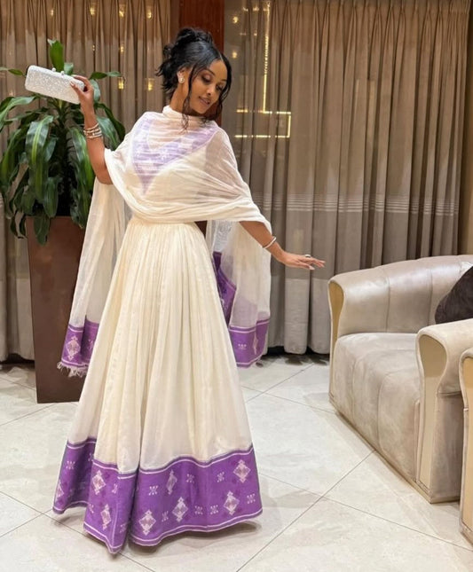 Pristine White Habesha Kemis with Purple & White Tibeb – Classic Ethiopian Kemis Bezawit