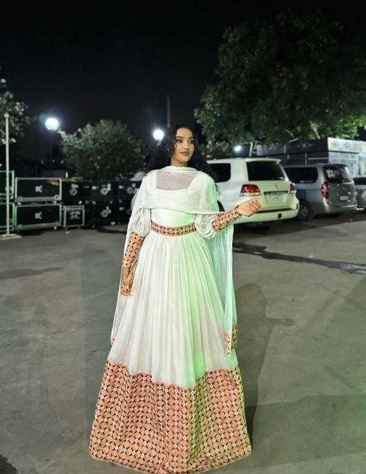 Modern White Habesha Dress with Peach orange & Gold Tibeb – Chic Ethiopian Attire Bezawit