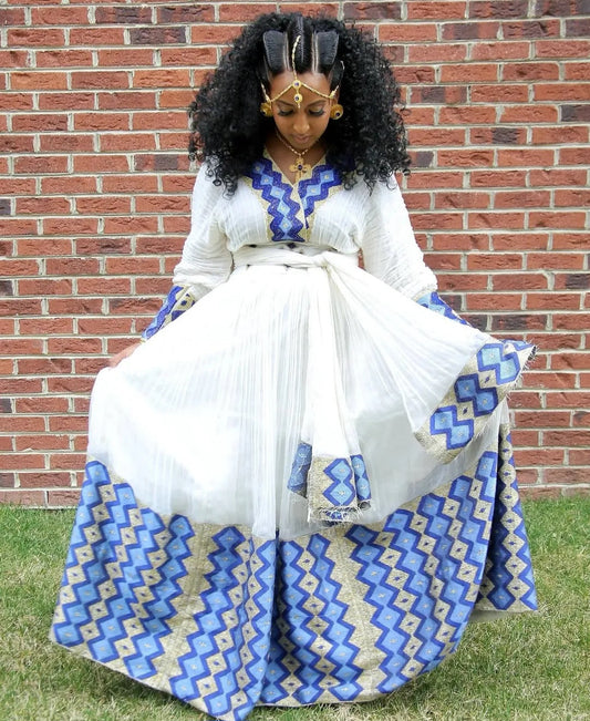 Traditional Ethiopian Zuria - Dazzling White Habesha Dress with Blue & Gold Embroidery Bezawit