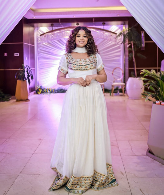 Elegant White Habesha Dress with Golden & Beige Tibeb – Modern Ethiopian Attire Bezawit