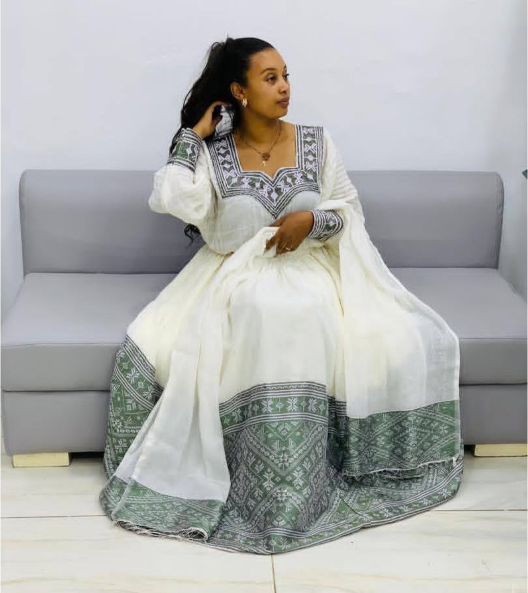 White Habesha Dress with Siliver & Grey Tibeb – Refined Ethiopian Kemis Bezawit