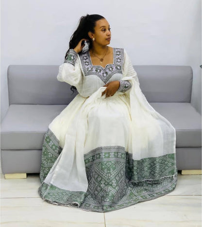White Habesha Dress with Siliver & Grey Tibeb – Refined Ethiopian Kemis Bezawit