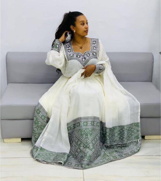 White Habesha Dress with Siliver & Grey Tibeb – Refined Ethiopian Kemis Bezawit