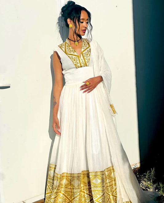 Modern Sleeveless Ethiopian Attire Habesha Dress with Golden Tibeb Trim Bezawit