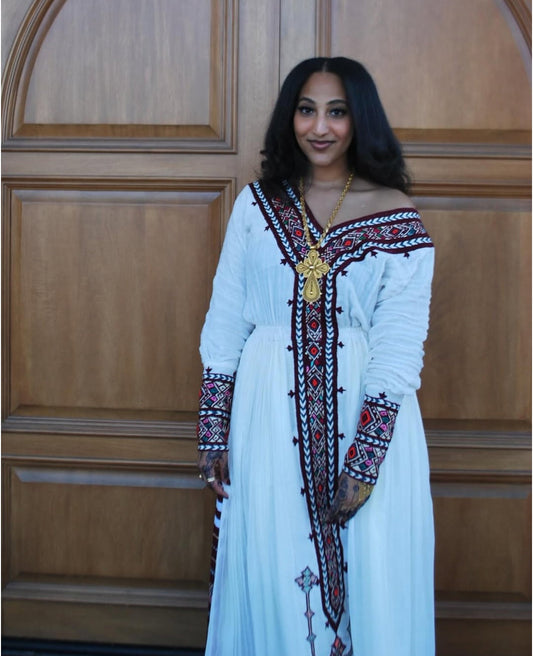 Elegant White Habesha Dress - Traditional Ethiopian Attire with Maroon & Gold Embroidery Bezawit