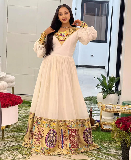 Elegant V-neck Habesha Dress with Multi-Color & Gold – Modern Ethiopian Attire Bezawit