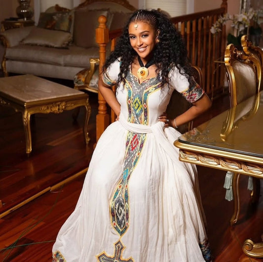 Radiant White "Gonder Fetel" Habesha Dress - Multi-Color Ethiopian Zuria Bezawit