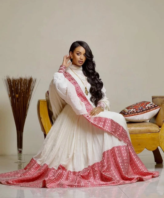 Elegant White & Pink Habesha Zuria - Traditional Ethiopian Dress for Grand Celebrations Bezawit