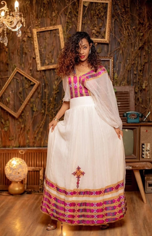 vibrant White Habesha Kemis - Ethiopian Dress with Pink & Gold Accents for Parties Bezawit