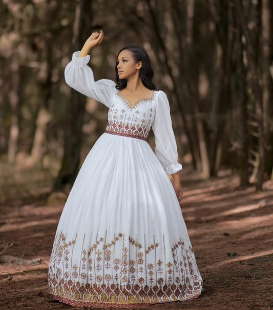 Graceful White Zuria - Traditional Ethiopian Dress with Earthy Gold Embroidery Bezawit