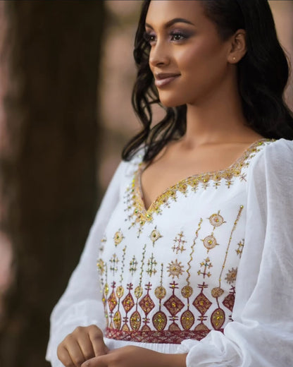 Graceful White Zuria - Traditional Ethiopian Dress with Earthy Gold Embroidery Bezawit