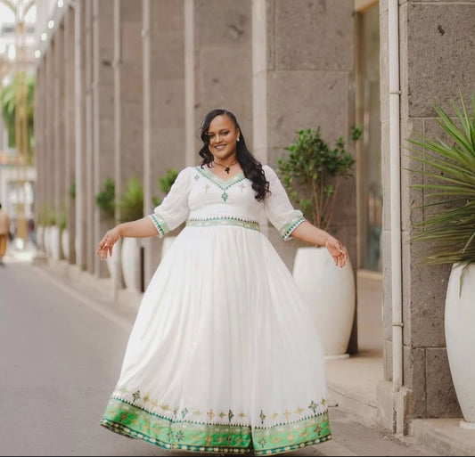 Fresh Green & White Habesha Dress - Traditional Ethiopian Attire for Festive Gatherings Bezawit