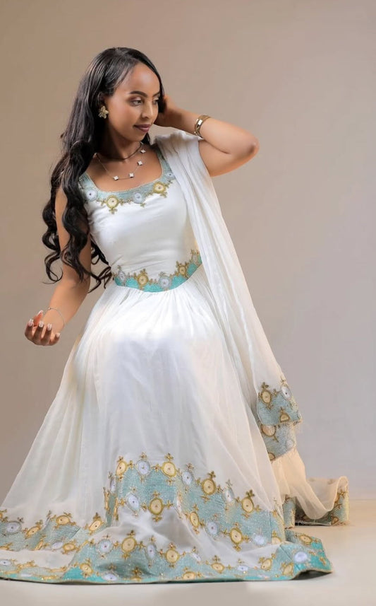 Stunning Teal & White Habesha Dress - Sleeveless Ethiopian Kemis for Elegance Bezawit