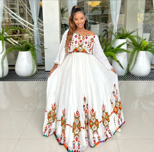 Artistic Off-Shoulder Habesha Dress - Modern Ethiopian Attire with Bold Colors Bezawit