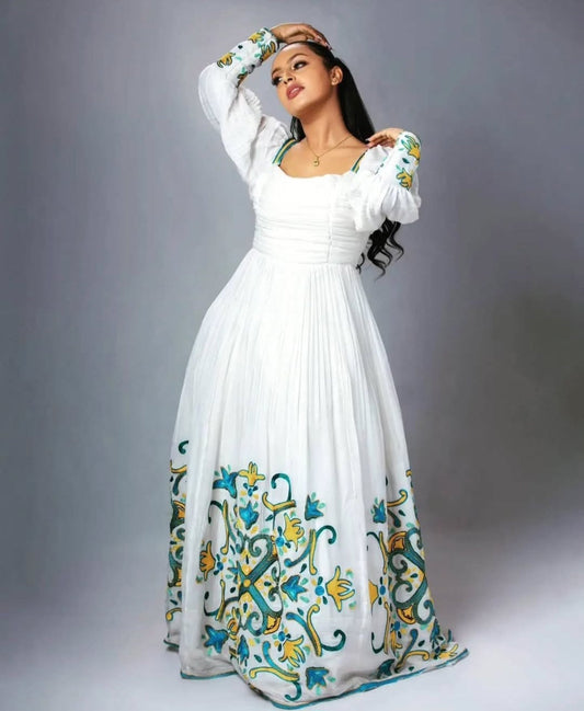 Graceful White Ethiopian Zuria - Modern Habesha Dress with Floral Embroidery Bezawit