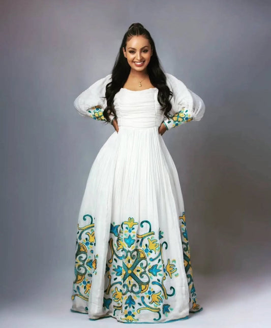Graceful White Ethiopian Zuria - Modern Habesha Dress with Floral Embroidery Bezawit