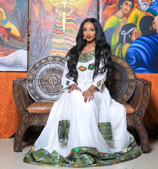 Unique Green & White Habesha Kemis - Modern Ethiopian Dress with Bold Patterns Bezawit