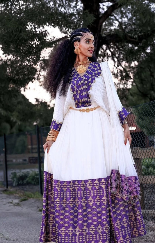 Majestic Modern Habesha Kemis - Ethiopian Zuria with Vibrant Purple & Gold Design Bezawit