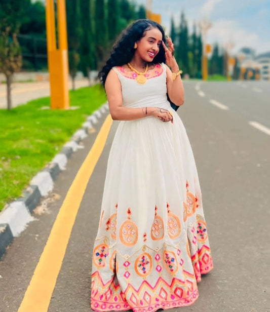 Chic Classic Habesha Dress - Modern Ethiopian Attire with Orange & Pink Embroidery Bezawit
