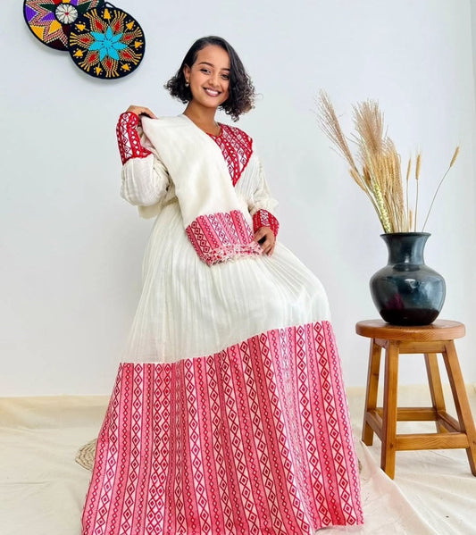 Radiant Pink & White Habesha Dress - Ethiopian Cultural Kemis for Joyful Events Bezawit
