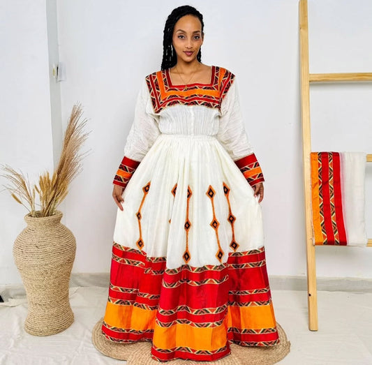 Vibrant Red & Orange Habesha Dress - Ethiopian Kemis for Festivities Bezawit