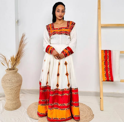 Vibrant Red & Orange Habesha Dress - Ethiopian Kemis for Festivities Bezawit