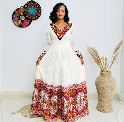 Vibrant White Habesha Kemis - Traditional Ethiopian Dress with Red & Gold Details Bezawit